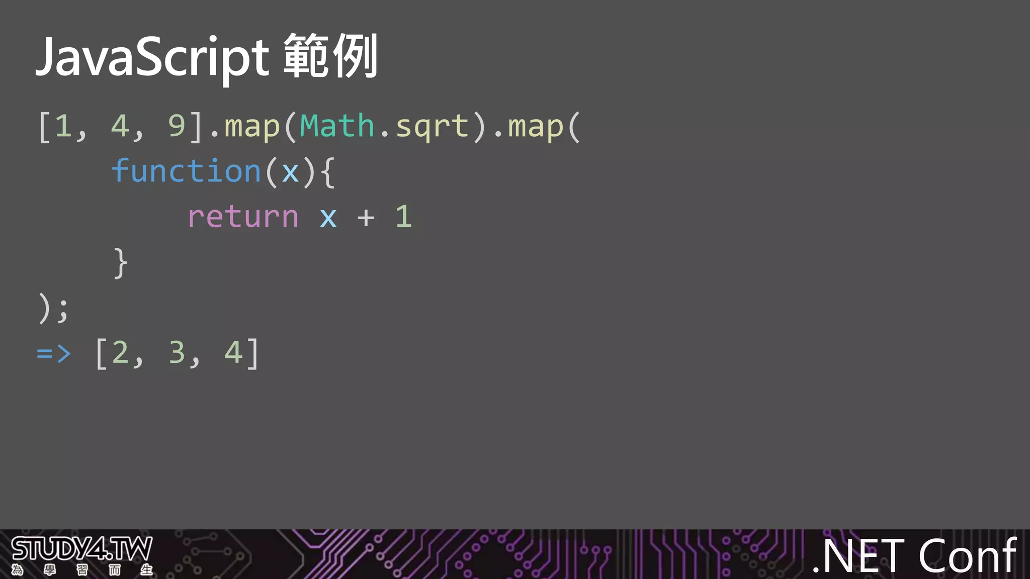 .NET Conf
[1, 4, 9].map(Math.sqrt).map(
function(x){
return x + 1
}
);
=> [2, 3, 4]
JavaScript 範例
 