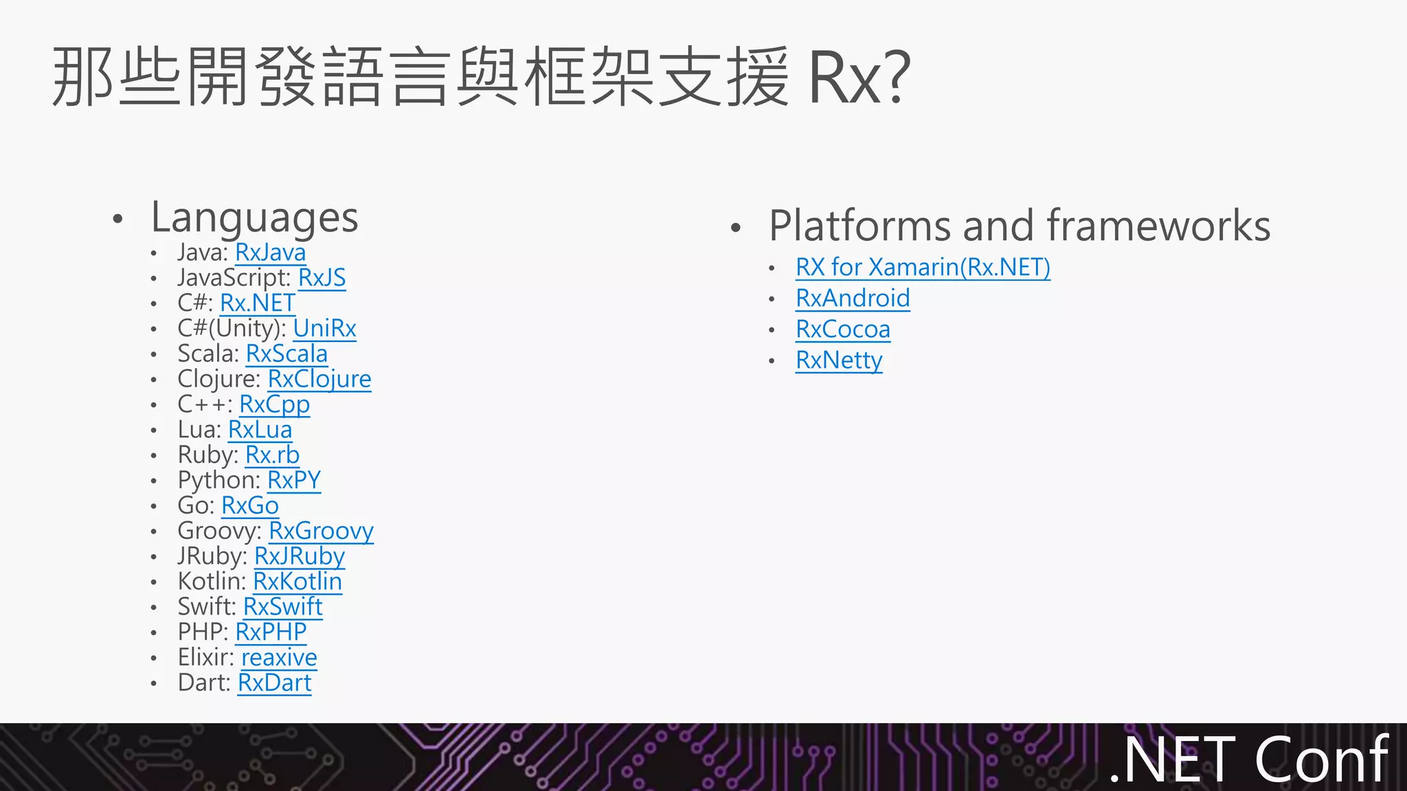 .NET Conf
RxJava
RxJS
Rx.NET
UniRx
RxScala
RxClojure
RxCpp
RxLua
Rx.rb
RxPY
RxGo
RxGroovy
RxJRuby
RxKotlin
RxSwift
RxPHP
reaxive
RxDart
RX for Xamarin(Rx.NET)
RxAndroid
RxCocoa
RxNetty
 