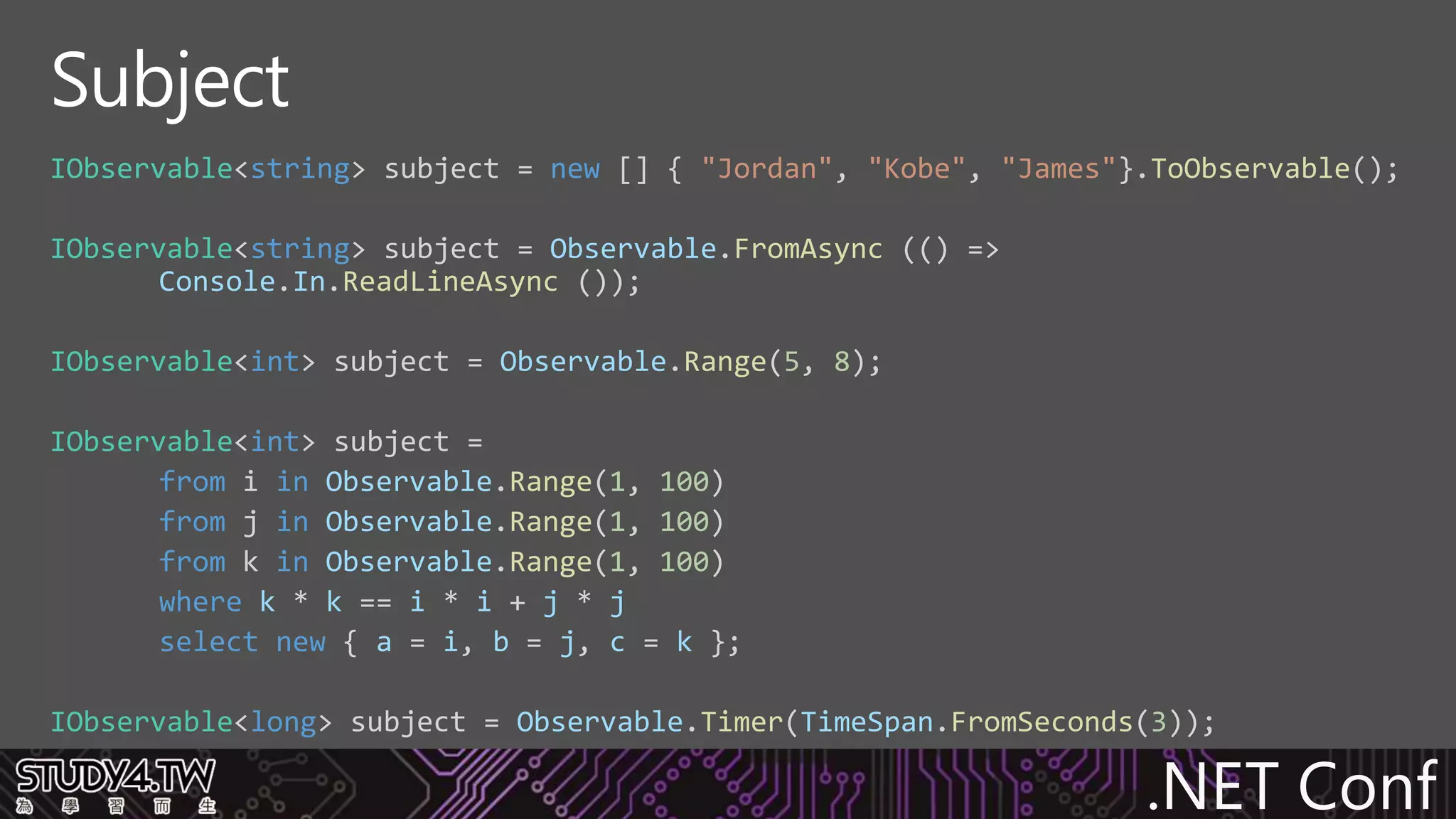 .NET Conf
IObservable<string> subject = new [] { "Jordan", "Kobe", "James"}.ToObservable();
IObservable<string> subject = Observable.FromAsync (() =>
Console.In.ReadLineAsync ());
IObservable<int> subject = Observable.Range(5, 8);
IObservable<int> subject =
from i in Observable.Range(1, 100)
from j in Observable.Range(1, 100)
from k in Observable.Range(1, 100)
where k * k == i * i + j * j
select new { a = i, b = j, c = k };
IObservable<long> subject = Observable.Timer(TimeSpan.FromSeconds(3));
Subject
 
