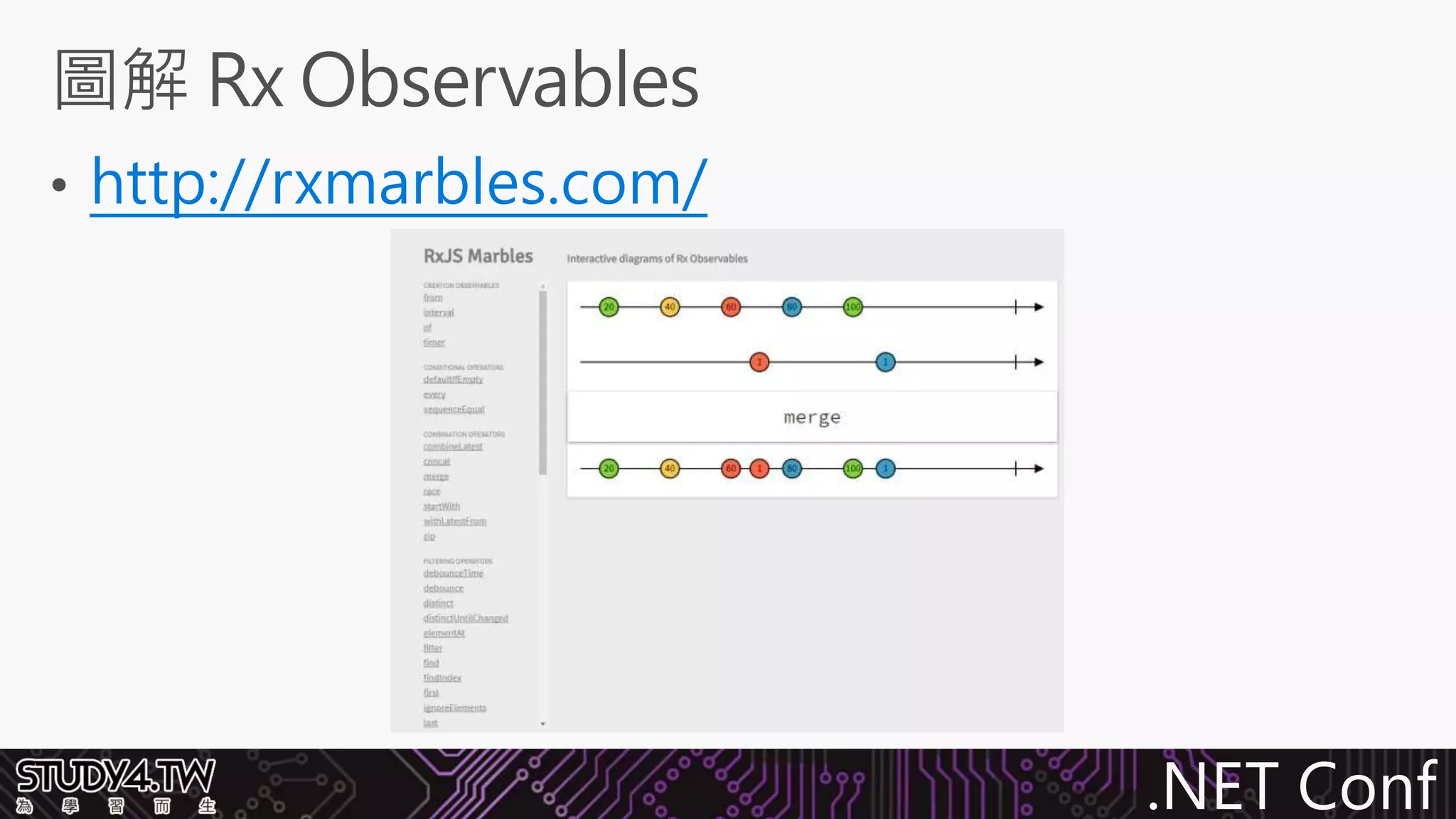 .NET Conf
http://rxmarbles.com/
 