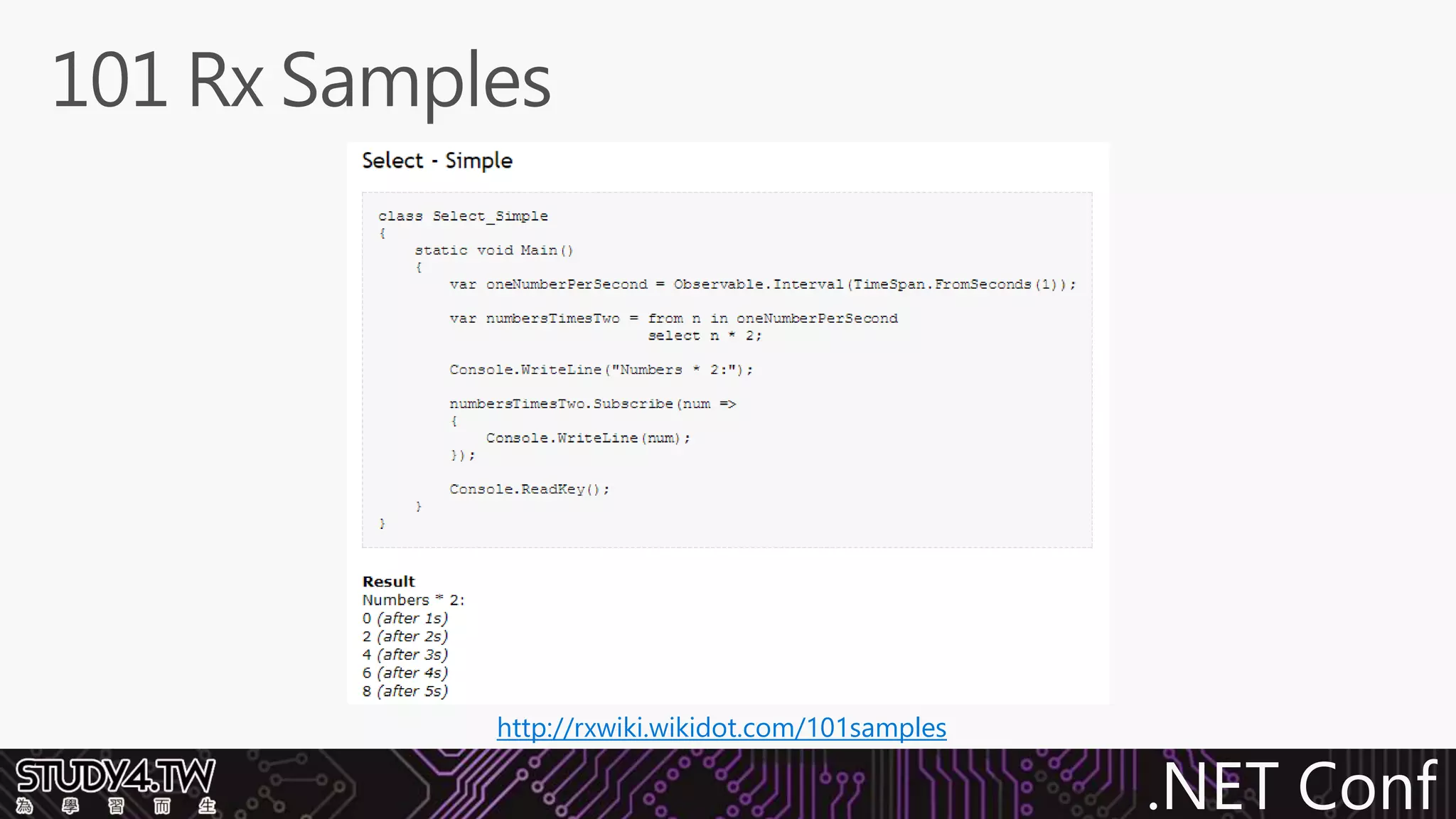 .NET Conf
http://rxwiki.wikidot.com/101samples
 