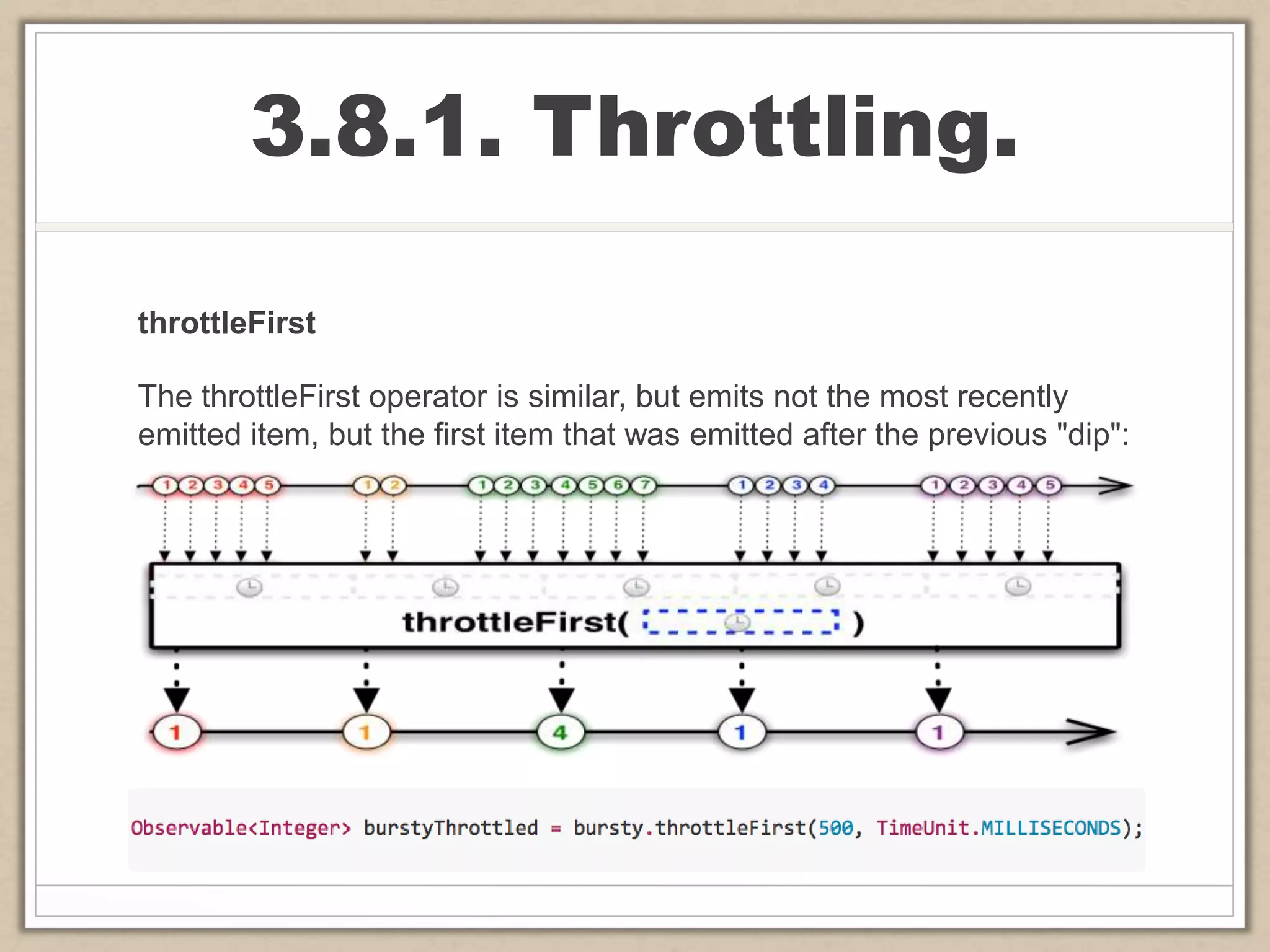 3.8.1. Throttling.
throttleFirst
The throttleFirst operator is similar, but emits not the most recently
emitted item, but the first item that was emitted after the previous "dip":
 