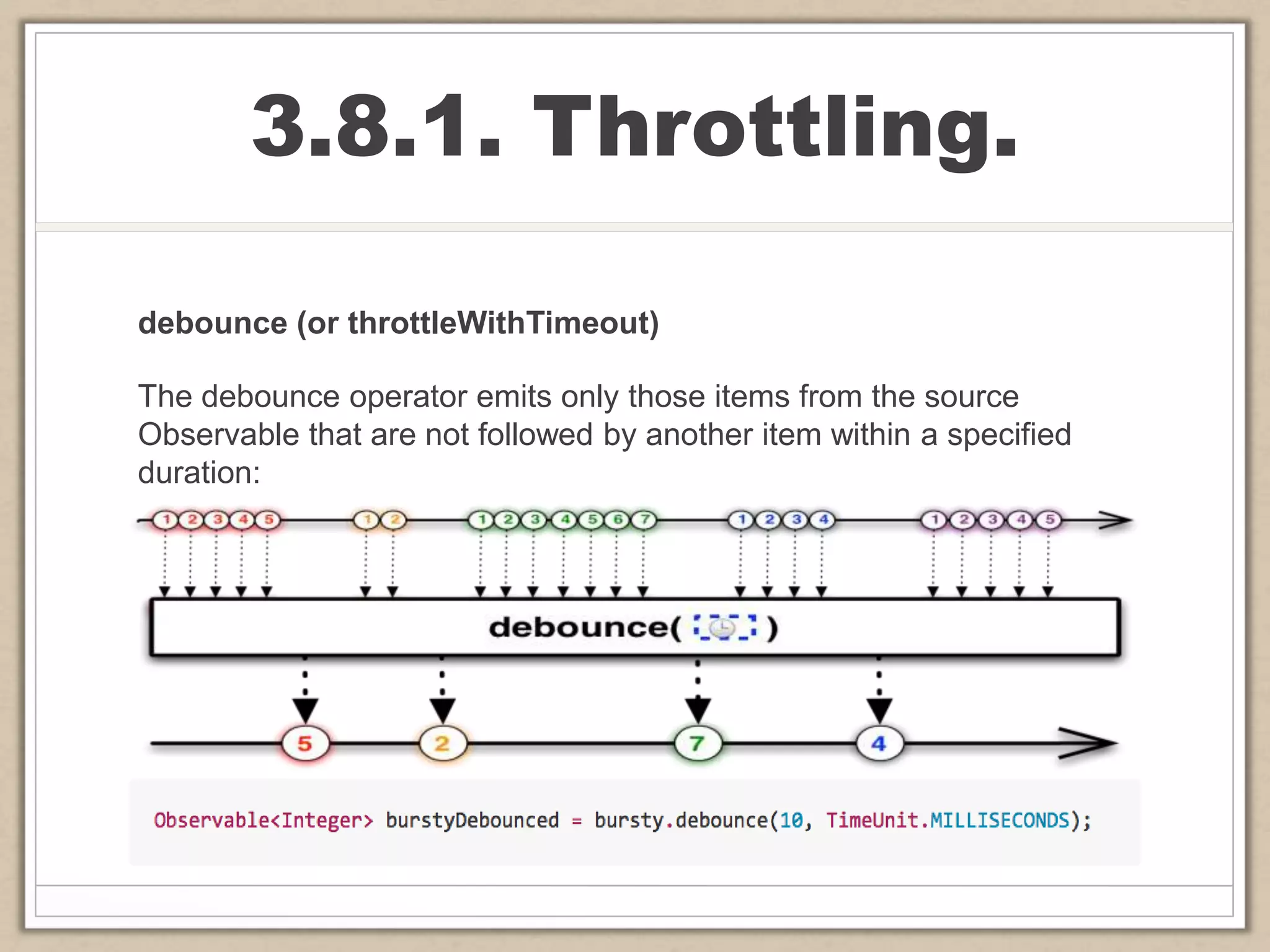 3.8.1. Throttling.
debounce (or throttleWithTimeout)
The debounce operator emits only those items from the source
Observable that are not followed by another item within a specified
duration:
 