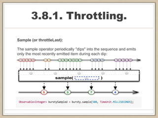 3.8.1. Throttling.
Sample (or throttleLast):
The sample operator periodically "dips" into the sequence and emits
only the most recently emitted item during each dip:
 