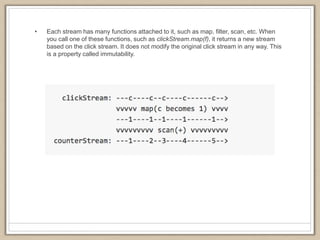 • Each stream has many functions attached to it, such as map, filter, scan, etc. When
you call one of these functions, such as clickStream.map(f), it returns a new stream
based on the click stream. It does not modify the original click stream in any way. This
is a property called immutability.
 