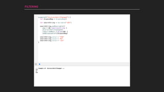 exampleOf("distinctUntilChanged") {
let disposeBag = DisposeBag()
let searchString = Variable("iOS")
searchString.asObservable()
.map { $0.lowercaseString }
.distinctUntilChanged()
.subscribeNext { print($0) }
.addDisposableTo(disposeBag)
searchString.value = "IOS"
searchString.value = "Rx"
searchString.value = "ios"
}
FILTERING
--- Example of: distinctUntilChanged ---
ios
rx
ios
 
