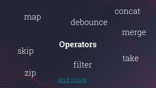 map
filter
concat
zip
Operators
and more
debounce
skip
merge
take
 