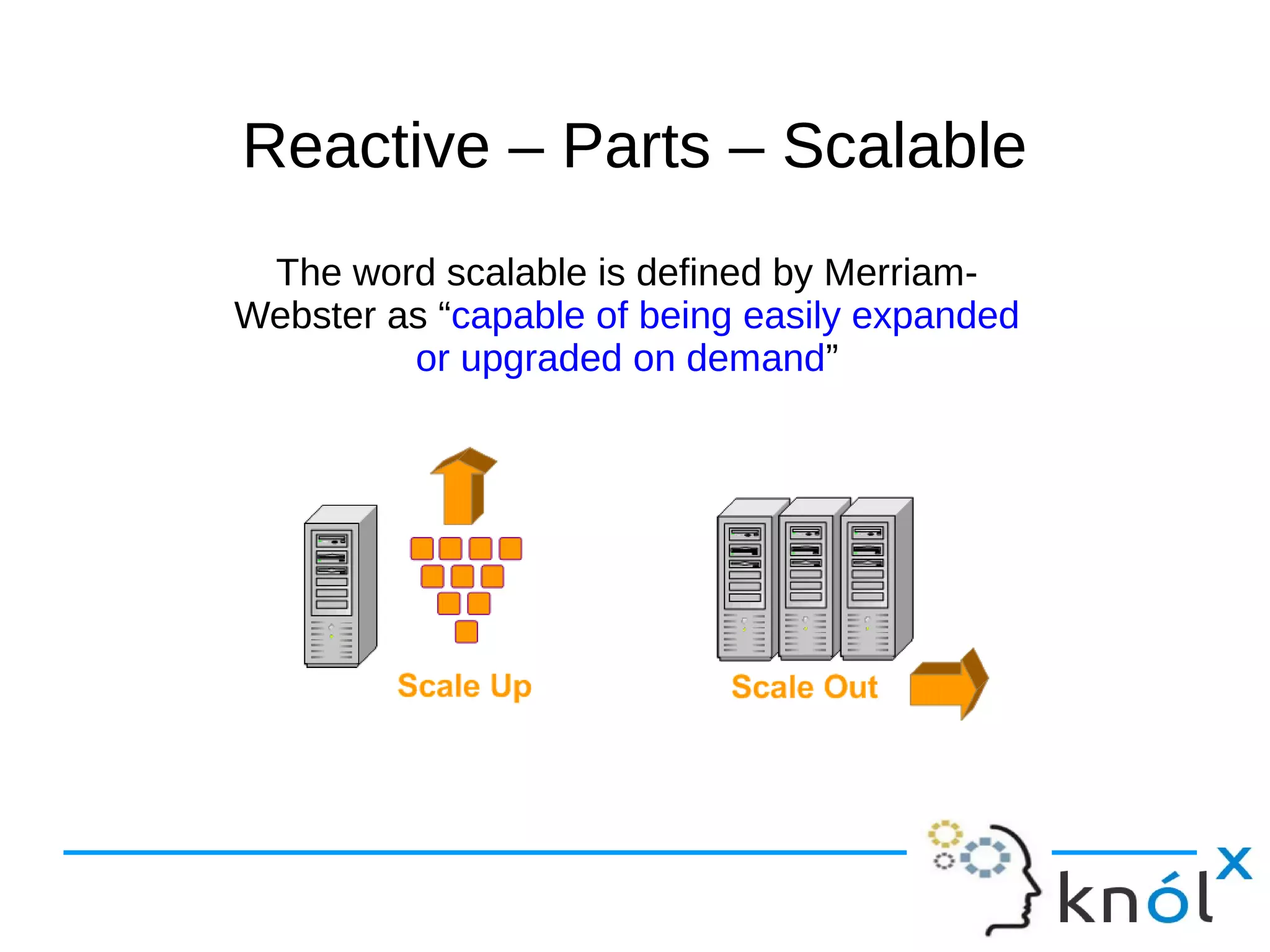 Reactive –– PPaarrttss –– SSccaallaabbllee 
The word scalable is defined by Merriam- 
Webster as “capable of being easily expanded 
or upgraded on demand” 
 