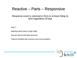 Reactive –– PPaarrttss –– RReessppoonnssiivvee 
Response event is returned in O(1) or at least O(log n) 
time regardless of load 
How ? 
Batching when there is high traffic 
Queues bound with back pressure 
Failures handled with recovery and circuit breakers 
 