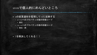 MVVMで個人的にめんどいところ
 Mの変更通知を監視してVMに反映する
– M→VMへのプロパティの値の田植コード
 発狂
– VM→Mへのプロパティの値の田植コード
 発狂（再
 ↑を解決してくれる！！
 