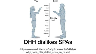 DHH dislikes SPAs
https://www.reddit.com/r/ruby/comments/341dyk/
why_does_dhh_dislike_spas_so_much/
 