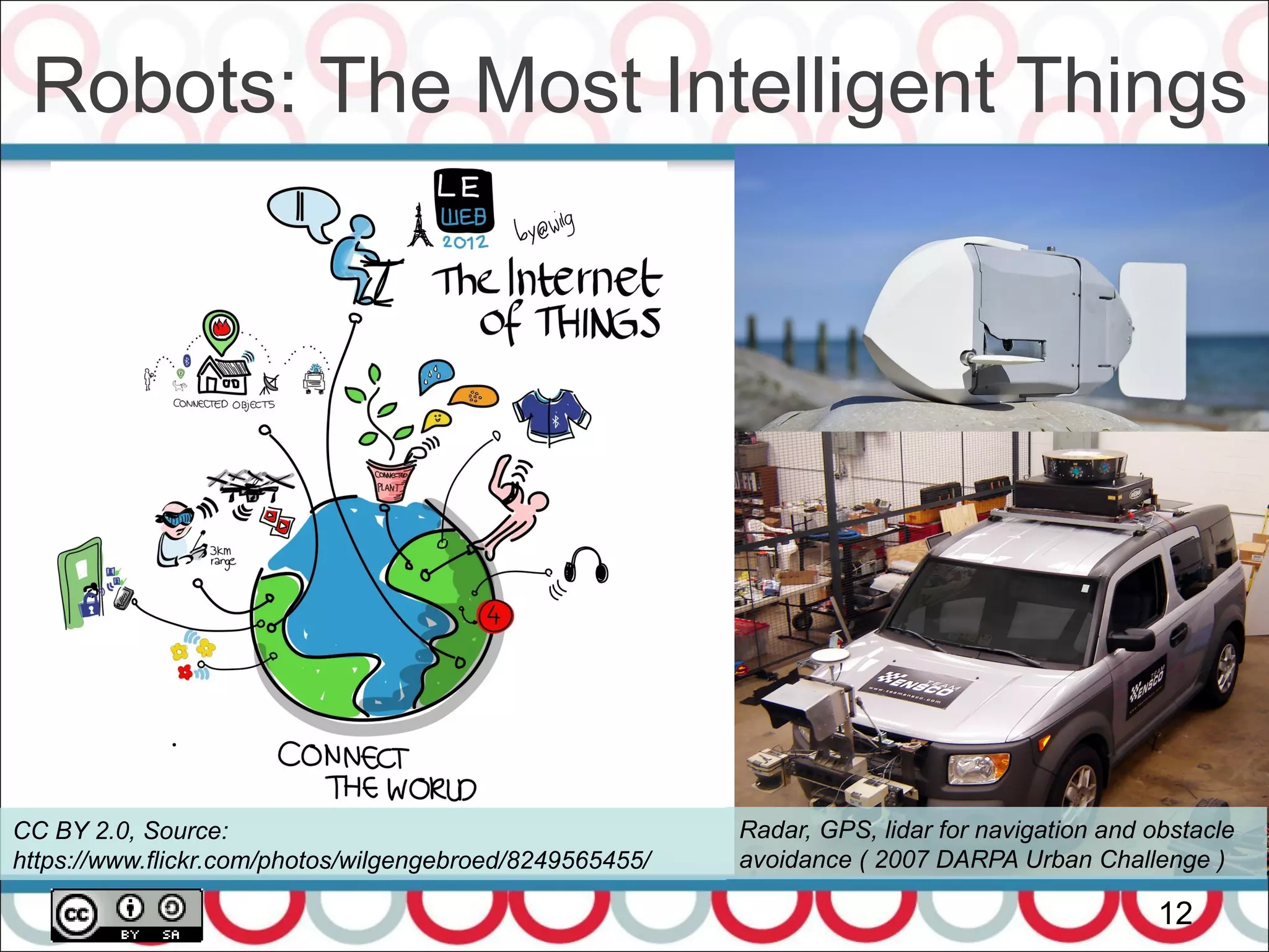 Robots: The Most Intelligent Things
12
CC BY 2.0, Source:
https://www.flickr.com/photos/wilgengebroed/8249565455/
Radar, GPS, lidar for navigation and obstacle
avoidance ( 2007 DARPA Urban Challenge )
 