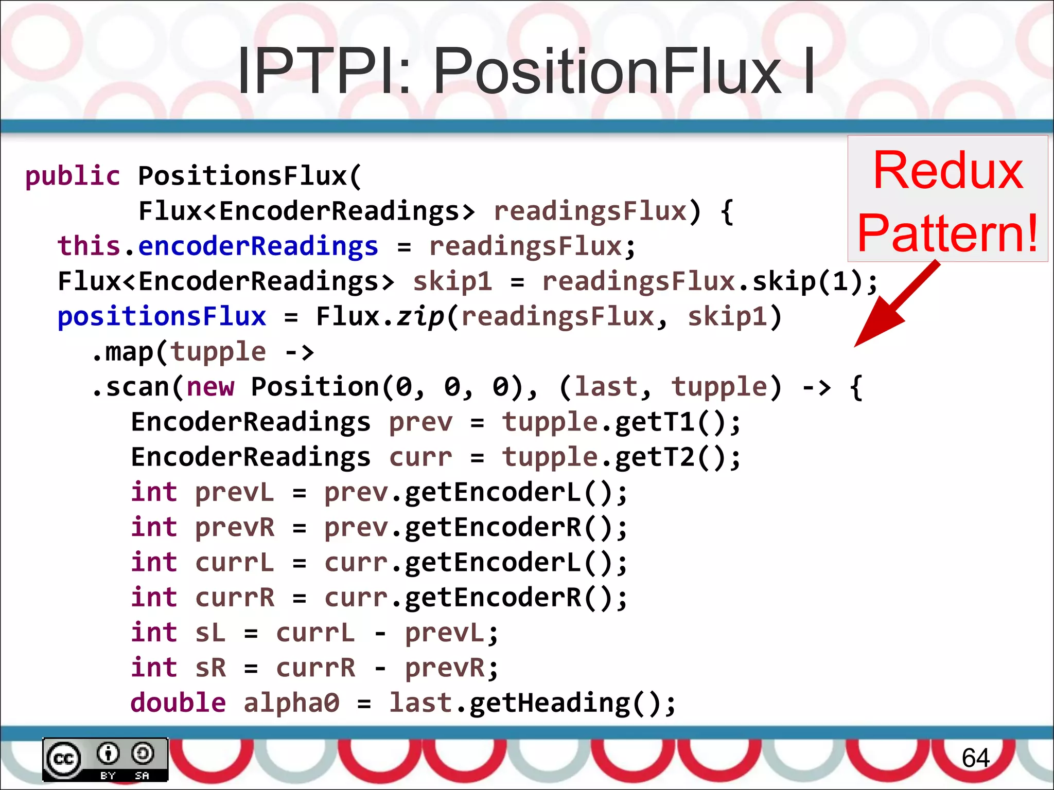 IPTPI: PositionFlux I
64
Redux
Pattern!
public PositionsFlux(
Flux<EncoderReadings> readingsFlux) {
this.encoderReadings = readingsFlux;
Flux<EncoderReadings> skip1 = readingsFlux.skip(1);
positionsFlux = Flux.zip(readingsFlux, skip1)
.map(tupple ->
.scan(new Position(0, 0, 0), (last, tupple) -> {
EncoderReadings prev = tupple.getT1();
EncoderReadings curr = tupple.getT2();
int prevL = prev.getEncoderL();
int prevR = prev.getEncoderR();
int currL = curr.getEncoderL();
int currR = curr.getEncoderR();
int sL = currL - prevL;
int sR = currR - prevR;
double alpha0 = last.getHeading();
 