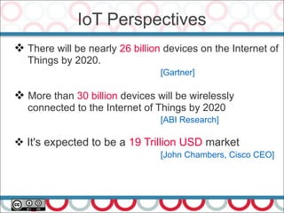  There will be nearly 26 billion devices on the Internet of
Things by 2020.
[Gartner]
 More than 30 billion devices will be wirelessly
connected to the Internet of Things by 2020
[ABI Research]
 It's expected to be a 19 Trillion USD market
[John Chambers, Cisco CEO]
IoT Perspectives
 