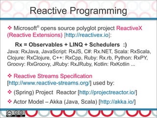 Reactive Programming
23
 Microsoft®
opens source polyglot project ReactiveX
(Reactive Extensions) [http://reactivex.io]:
Rx = Observables + LINQ + Schedulers :)
Java: RxJava, JavaScript: RxJS, C#: Rx.NET, Scala: RxScala,
Clojure: RxClojure, C++: RxCpp, Ruby: Rx.rb, Python: RxPY,
Groovy: RxGroovy, JRuby: RxJRuby, Kotlin: RxKotlin ...
 Reactive Streams Specification
[http://www.reactive-streams.org/] used by:
 (Spring) Project Reactor [http://projectreactor.io/]
 Actor Model – Akka (Java, Scala) [http://akka.io/]
 