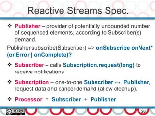 Reactive Streams Spec.
26
 Publisher – provider of potentially unbounded number
of sequenced elements, according to Subscriber(s)
demand.
Publisher.subscribe(Subscriber) => onSubscribe onNext*
(onError | onComplete)?
 Subscriber – calls Subscription.request(long) to
receive notifications
 Subscription – one-to-one Subscriber ↔ Publisher,
request data and cancel demand (allow cleanup).
 Processor = Subscriber + Publisher
 
