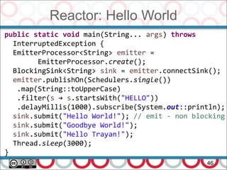 Reactor: Hello World
46
public static void main(String... args) throws
InterruptedException {
EmitterProcessor<String> emitter =
EmitterProcessor.create();
BlockingSink<String> sink = emitter.connectSink();
emitter.publishOn(Schedulers.single())
.map(String::toUpperCase)
.filter(s → s.startsWith("HELLO"))
.delayMillis(1000).subscribe(System.out::println);
sink.submit("Hello World!"); // emit - non blocking
sink.submit("Goodbye World!");
sink.submit("Hello Trayan!");
Thread.sleep(3000);
}
 