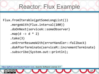 Reactor: Flux Example
47
Flux.fromIterable(getSomeLongList())
.mergeWith(Flux.interval(100))
.doOnNext(serviceA::someObserver)
.map(d -> d * 2)
.take(3)
.onErrorResumeWith(errorHandler::fallback)
.doAfterTerminate(serviceM::incrementTerminate)
.subscribe(System.out::println);
https://github.com/reactor/reactor-core, Apache Software License 2.0
 