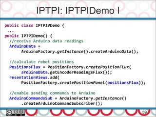 IPTPI: IPTPIDemo I
59
public class IPTPIVDemo {
...
public IPTPIDemo() {
//receive Arduino data readings
ArduinoData =
ArduinoFactory.getInstance().createArduinoData();
//calculate robot positions
PositionsFlux = PositionFactory.createPositionFlux(
arduinoData.getEncoderReadingsFlux());
resentationViews.add(
PositionFactory.createPositionPanel(positionsFlux));
//enable sending commands to Arduino
ArduinoCommandsSub = ArduinoFactory.getInstance()
.createArduinoCommandSubscriber();
/
 