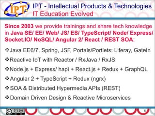 IPT - Intellectual Products & Technologies
IT Education Evolved
6
Since 2003 we provide trainings and share tech knowledge
in Java SE/ EE/ Web/ JS/ ES/ TypeScript/ Node/ Express/
Socket.IO/ NoSQL/ Angular 2/ React / REST SOA:
Java EE6/7, Spring, JSF, Portals/Portlets: Liferay, GateIn
Reactive IoT with Reactor / RxJava / RxJS
Node.js + Express/ hapi + React.js + Redux + GraphQL
Angular 2 + TypeScript + Redux (ngrx)
SOA & Distributed Hypermedia APIs (REST)
Domain Driven Design & Reactive Microservices
 