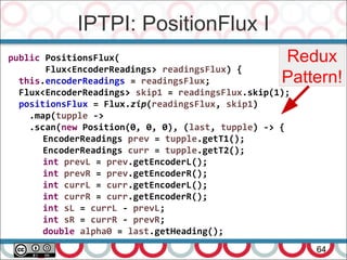 IPTPI: PositionFlux I
64
Redux
Pattern!
public PositionsFlux(
Flux<EncoderReadings> readingsFlux) {
this.encoderReadings = readingsFlux;
Flux<EncoderReadings> skip1 = readingsFlux.skip(1);
positionsFlux = Flux.zip(readingsFlux, skip1)
.map(tupple ->
.scan(new Position(0, 0, 0), (last, tupple) -> {
EncoderReadings prev = tupple.getT1();
EncoderReadings curr = tupple.getT2();
int prevL = prev.getEncoderL();
int prevR = prev.getEncoderR();
int currL = curr.getEncoderL();
int currR = curr.getEncoderR();
int sL = currL - prevL;
int sR = currR - prevR;
double alpha0 = last.getHeading();
 