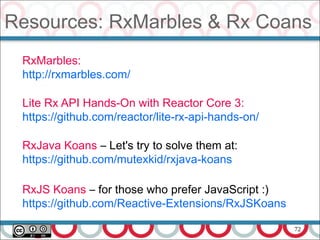 72
Resources: RxMarbles & Rx Coans
RxMarbles:
http://rxmarbles.com/
Lite Rx API Hands-On with Reactor Core 3:
https://github.com/reactor/lite-rx-api-hands-on/
RxJava Koans – Let's try to solve them at:
https://github.com/mutexkid/rxjava-koans
RxJS Koans – for those who prefer JavaScript :)
https://github.com/Reactive-Extensions/RxJSKoans
 