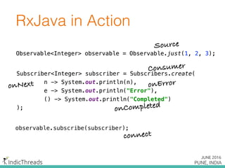 Subscriber<Integer> subscriber = Subscribers.create( 
n -> System.out.println(n), 
e -> System.out.print("Error"), 
() -> System.out.println("Completed") 
);
Observable<Integer> observable = Observable.just(1, 2, 3);
observable.subscribe(subscriber);
Subscriber<Integer> subscriber = Subscribers.create( 
n -> System.out.println(n), 
e -> System.out.print("Error"), 
() -> System.out.println("Completed") 
);
Subscriber<Integer> subscriber = Subscribers.create( 
n -> System.out.println(n), 
e -> System.out.println("Error"), 
() -> System.out.println("Completed") 
);
Subscriber<Integer> subscriber = Subscribers.create( 
n -> System.out.println(n), 
e -> System.out.println("Error"), 
() -> System.out.println("Completed") 
);
Subscriber<Integer> subscriber = Subscribers.create( 
n -> System.out.println(n), 
e -> System.out.println("Error"), 
() -> System.out.println("Completed") 
);
Observable<Integer> observable = Observable.just(1, 2, 3);
Subscriber<Integer> subscriber = Subscribers.create( 
n -> System.out.println(n), 
e -> System.out.println("Error"), 
() -> System.out.println("Completed") 
);
Observable<Integer> observable = Observable.just(1, 2, 3);
RxJava in Action
Source
Consumer
onNext onError
onCompleted
connect
 
