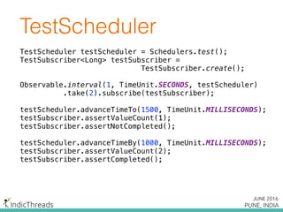 TestScheduler
TestScheduler testScheduler = Schedulers.test();
TestSubscriber<Long> testSubscriber =
TestSubscriber.create();
 
Observable.interval(1, TimeUnit.SECONDS, testScheduler)
.take(2).subscribe(testSubscriber);
 
testScheduler.advanceTimeTo(1500, TimeUnit.MILLISECONDS); 
testSubscriber.assertValueCount(1); 
testSubscriber.assertNotCompleted();
 
testScheduler.advanceTimeBy(1000, TimeUnit.MILLISECONDS); 
testSubscriber.assertValueCount(2); 
testSubscriber.assertCompleted();
 