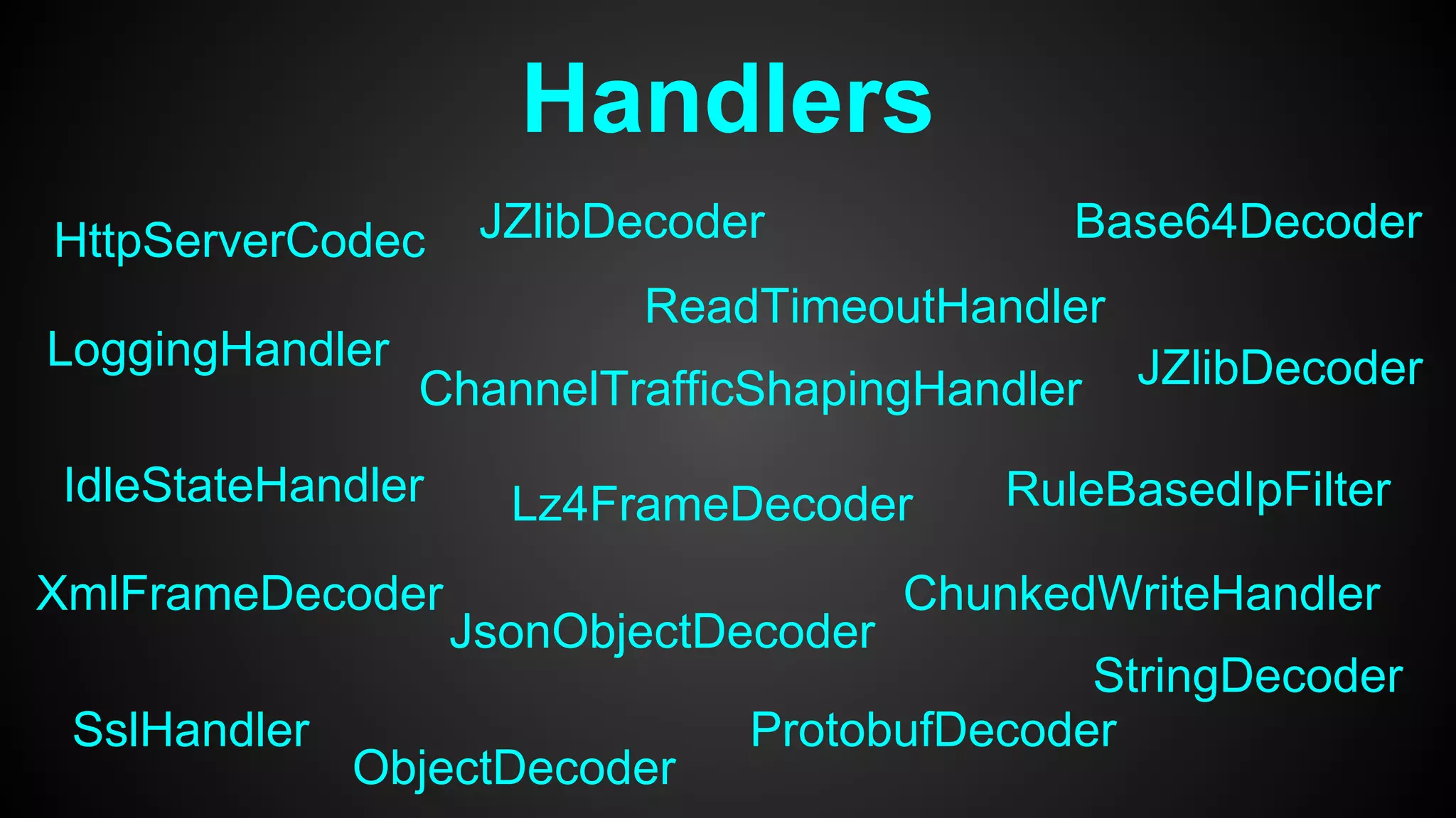 Handlers
HttpServerCodec
ChannelTrafficShapingHandler
IdleStateHandler
ReadTimeoutHandler
ChunkedWriteHandler
SslHandler
LoggingHandler
RuleBasedIpFilter
StringDecoder
JsonObjectDecoder
Base64DecoderJZlibDecoder
JZlibDecoder
Lz4FrameDecoder
ProtobufDecoder
ObjectDecoder
XmlFrameDecoder
 