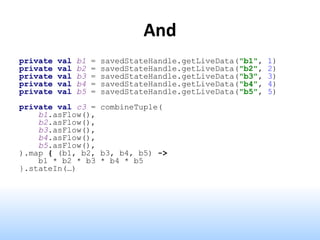 And
private val b1 = savedStateHandle.getLiveData("b1", 1)
private val b2 = savedStateHandle.getLiveData("b2", 2)
private val b3 = savedStateHandle.getLiveData("b3", 3)
private val b4 = savedStateHandle.getLiveData("b4", 4)
private val b5 = savedStateHandle.getLiveData("b5", 5)
private val c3 = combineTuple(
b1.asFlow(),
b2.asFlow(),
b3.asFlow(),
b4.asFlow(),
b5.asFlow(),
).map { (b1, b2, b3, b4, b5) ->
b1 * b2 * b3 * b4 * b5
}.stateIn(…)
 