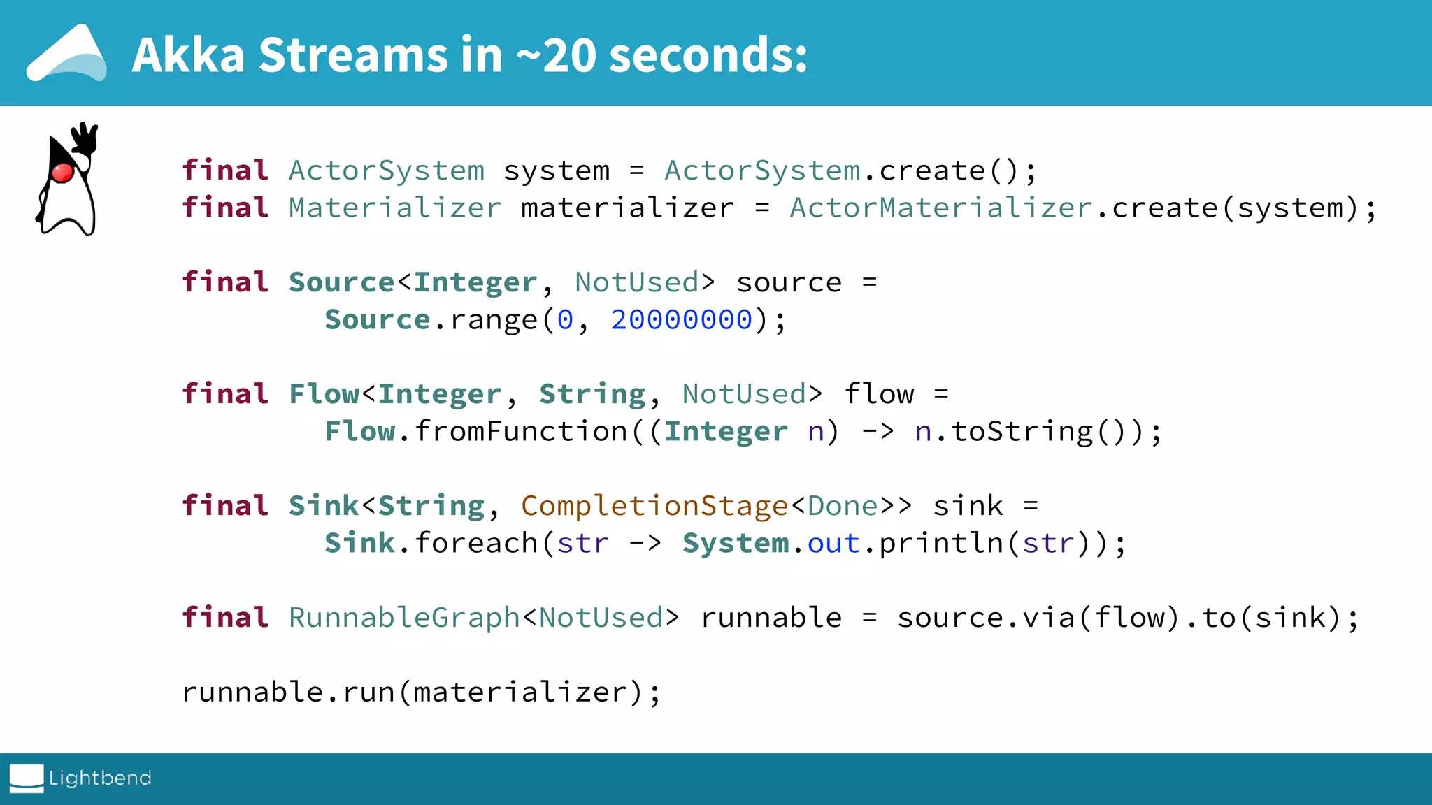 Akka Streams in ~20 seconds: final ActorSystem system = ActorSystem.create();  final Materializer materializer = ActorMaterializer.create(system);    final Source<Integer, NotUsed> source =  Source.range(0, 20000000);    final Flow<Integer, String, NotUsed> flow =  Flow.fromFunction((Integer n) -> n.toString());    final Sink<String, CompletionStage<Done>> sink =  Sink.foreach(str -> System.out.println(str));    final RunnableGraph<NotUsed> runnable = source.via(flow).to(sink);    runnable.run(materializer); 