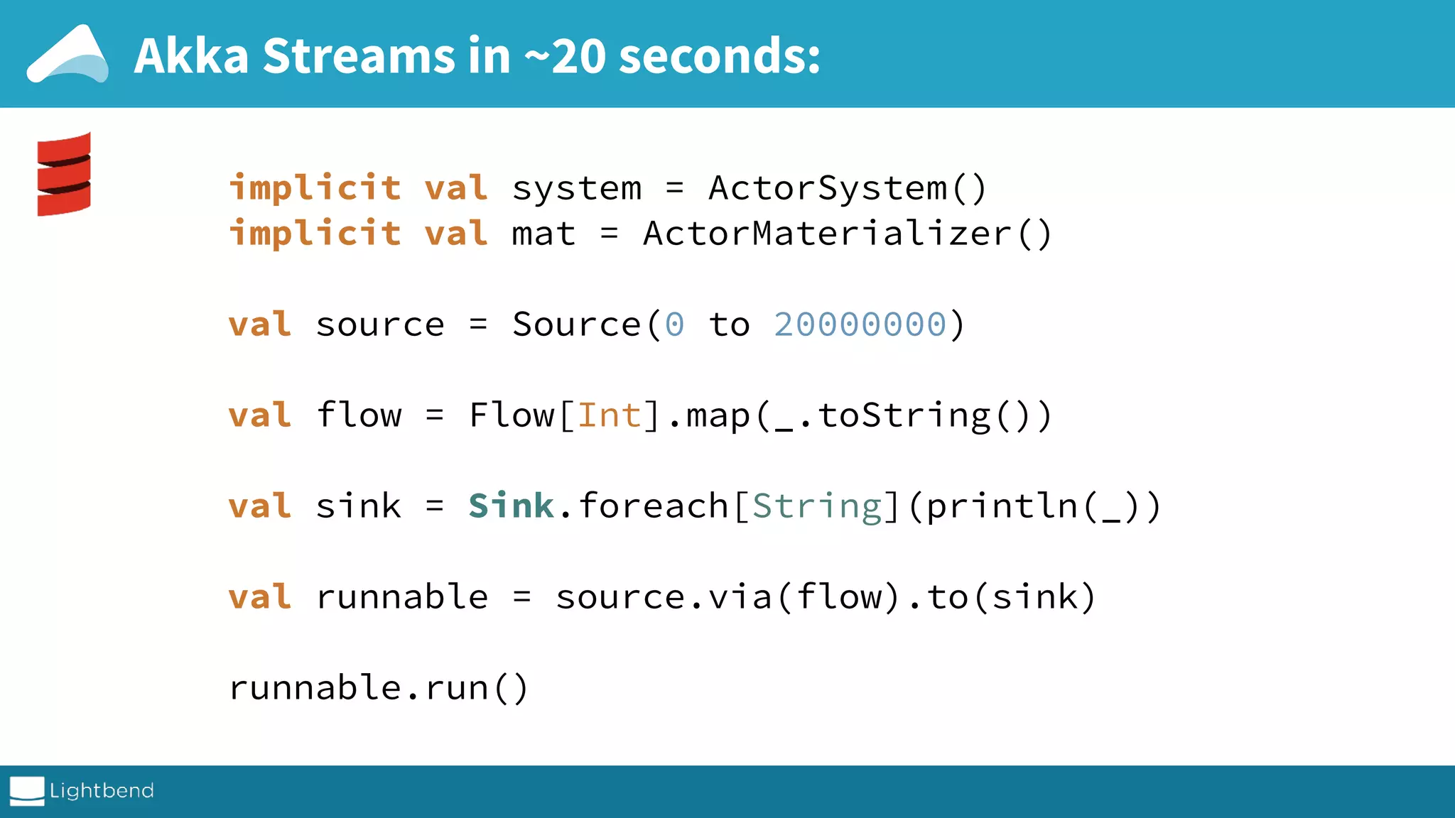 Akka Streams in ~20 seconds: implicit val system = ActorSystem()  implicit val mat = ActorMaterializer()    val source = Source(0 to 20000000)    val flow = Flow[Int].map(_.toString())    val sink = Sink.foreach[String](println(_))    val runnable = source.via(flow).to(sink)    runnable.run() 