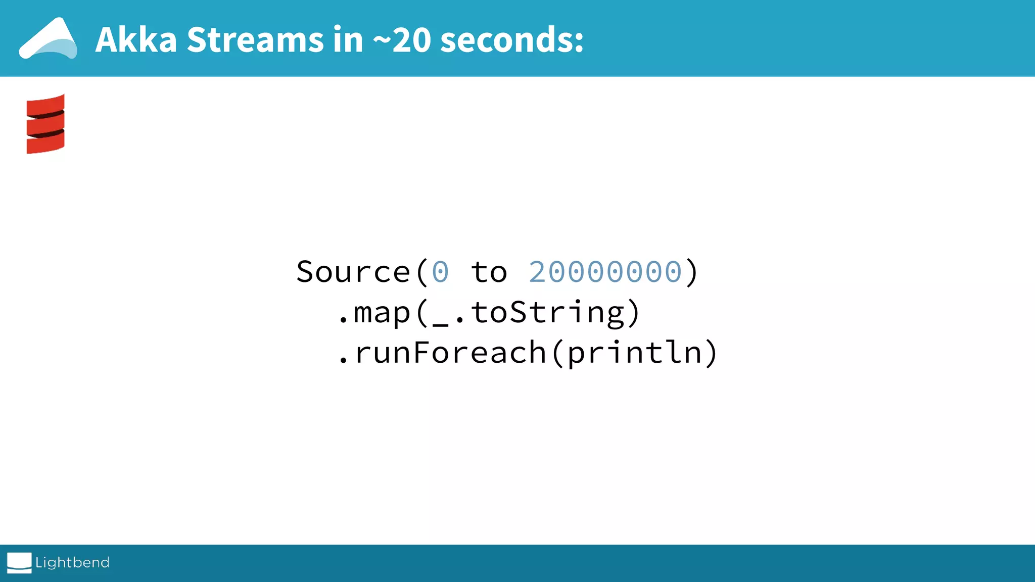 Akka Streams in ~20 seconds: Source(0 to 20000000)  .map(_.toString)  .runForeach(println) 