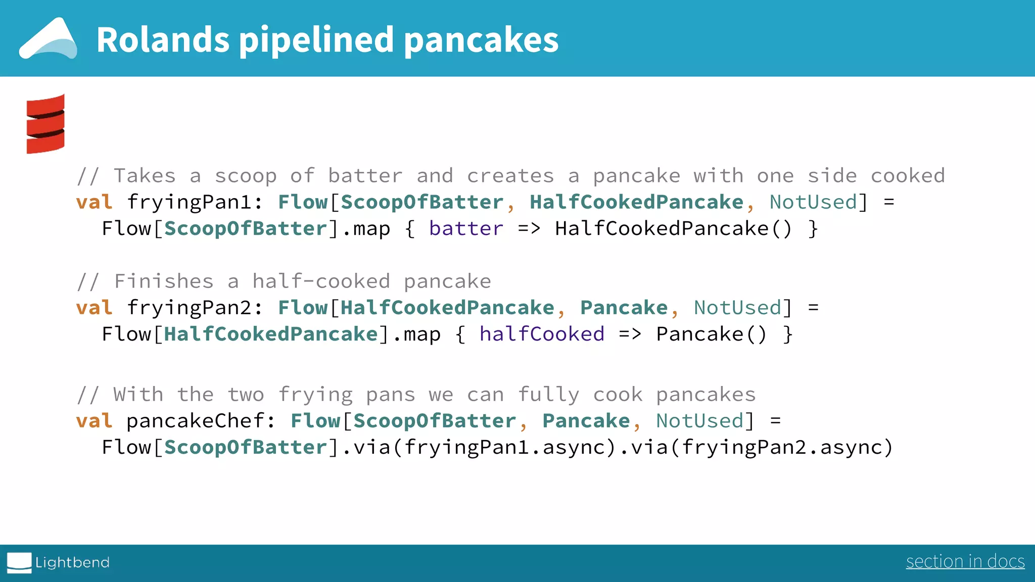 Rolands pipelined pancakes // Takes a scoop of batter and creates a pancake with one side cooked val fryingPan1: Flow[ScoopOfBatter, HalfCookedPancake, NotUsed] =  Flow[ScoopOfBatter].map { batter => HalfCookedPancake() }    // Finishes a half-cooked pancake  val fryingPan2: Flow[HalfCookedPancake, Pancake, NotUsed] =  Flow[HalfCookedPancake].map { halfCooked => Pancake() }   // With the two frying pans we can fully cook pancakes val pancakeChef: Flow[ScoopOfBatter, Pancake, NotUsed] =  Flow[ScoopOfBatter].via(fryingPan1.async).via(fryingPan2.async) section in docs 