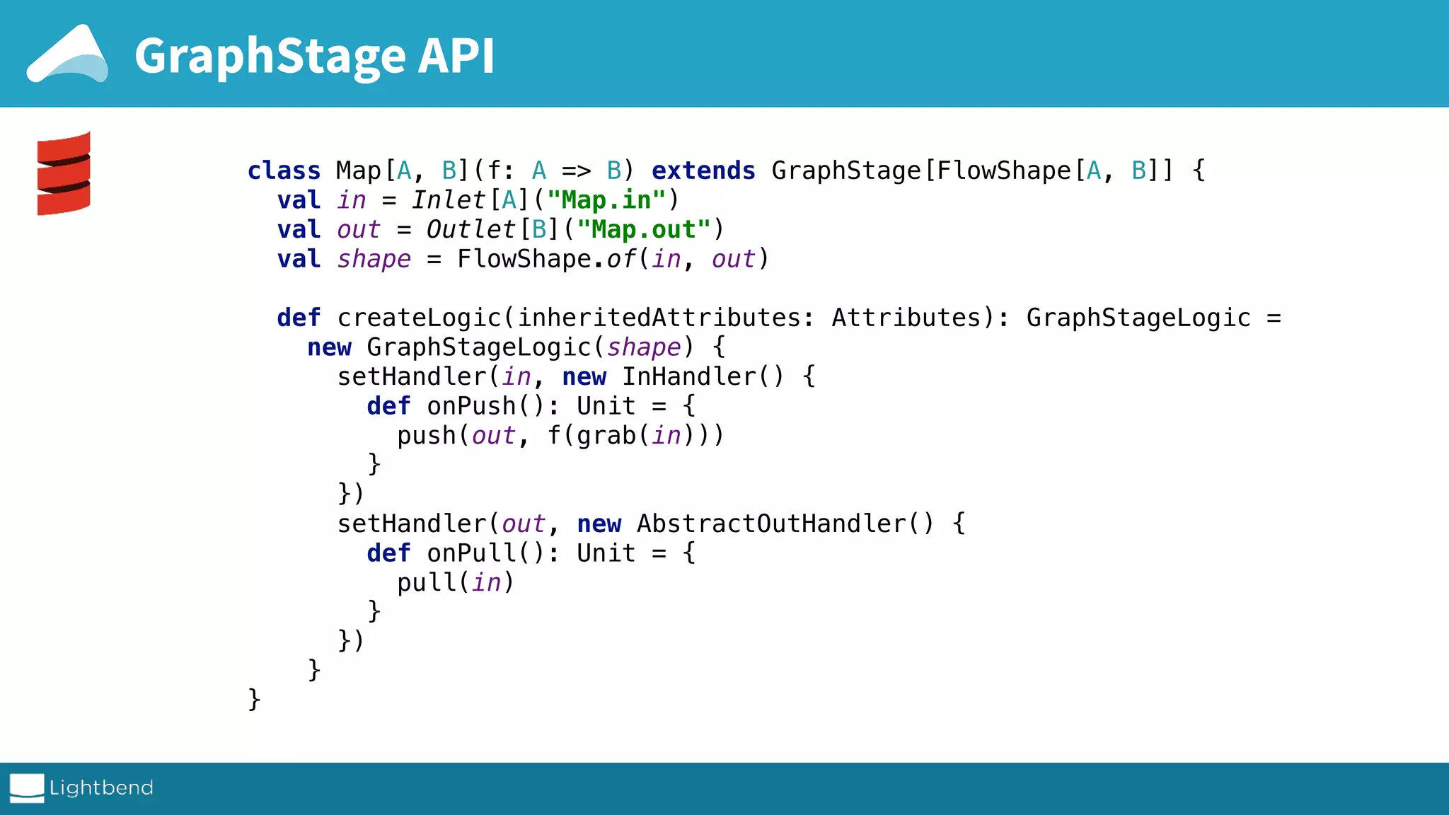 GraphStage API class Map[A, B](f: A => B) extends GraphStage[FlowShape[A, B]] { val in = Inlet[A]("Map.in") val out = Outlet[B]("Map.out") val shape = FlowShape.of(in, out) def createLogic(inheritedAttributes: Attributes): GraphStageLogic = new GraphStageLogic(shape) { setHandler(in, new InHandler() { def onPush(): Unit = { push(out, f(grab(in))) } }) setHandler(out, new AbstractOutHandler() { def onPull(): Unit = { pull(in) } }) } } 