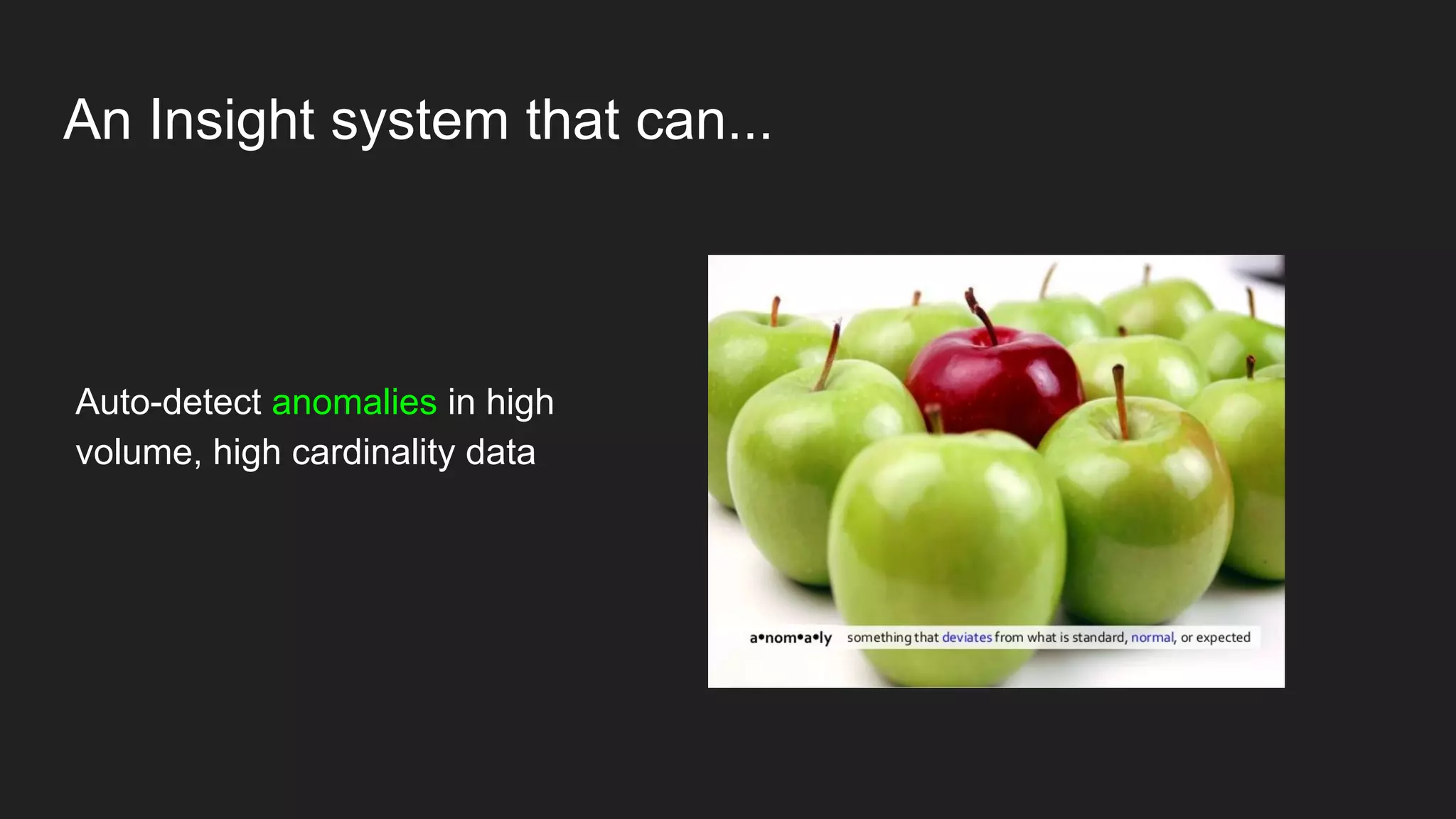 An Insight system that can...
Auto-detect anomalies in high
volume, high cardinality data
 