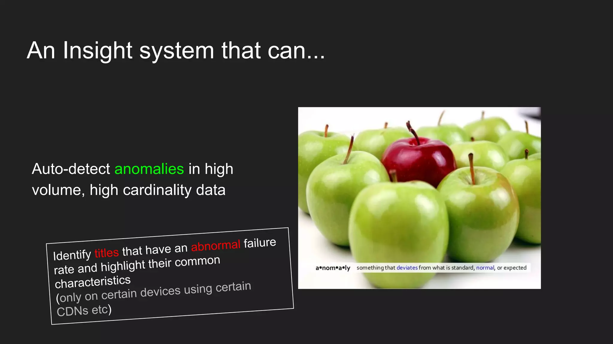 An Insight system that can...
Auto-detect anomalies in high
volume, high cardinality data
Identify titles that have an abnormal failure
rate and highlight their common
characteristics
(only on certain devices using certain
CDNs etc)
 