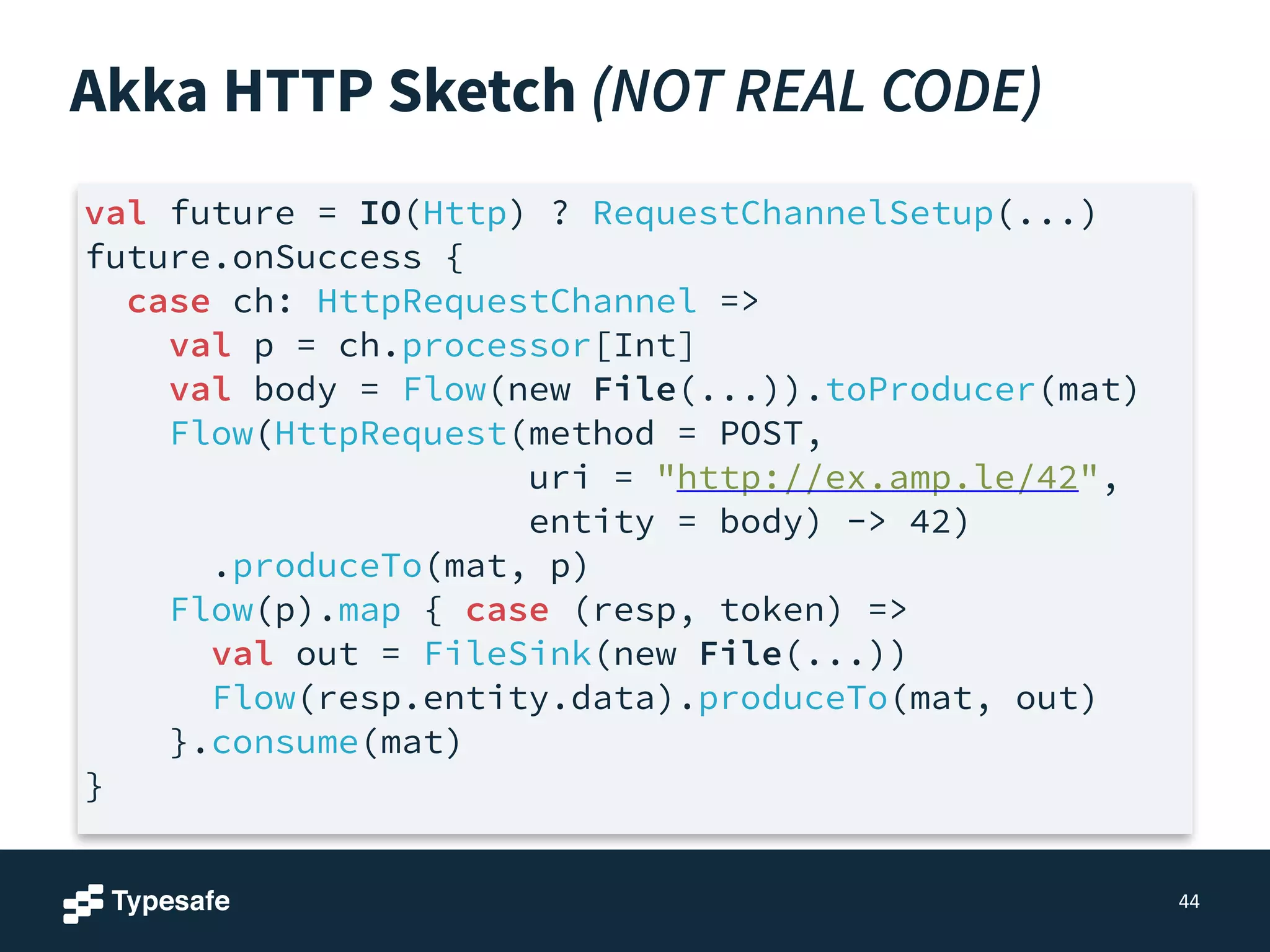 Akka HTTP Sketch (NOT REAL CODE)
44
val future = IO(Http) ? RequestChannelSetup(...)
future.onSuccess {
case ch: HttpRequestChannel =>
val p = ch.processor[Int]
val body = Flow(new File(...)).toProducer(mat)
Flow(HttpRequest(method = POST,
uri = "http://ex.amp.le/42",
entity = body) -> 42)
.produceTo(mat, p)
Flow(p).map { case (resp, token) =>
val out = FileSink(new File(...))
Flow(resp.entity.data).produceTo(mat, out)
}.consume(mat)
}
 
