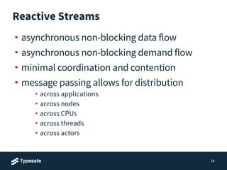 Reactive Streams
• asynchronous non-blocking data flow
• asynchronous non-blocking demand flow
• minimal coordination and contention
• message passing allows for distribution
• across applications
• across nodes
• across CPUs
• across threads
• across actors
18
 