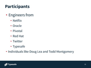 Participants
• Engineers from
• Netflix
• Oracle
• Pivotal
• Red Hat
• Twitter
• Typesafe
• Individuals like Doug Lea and Todd Montgomery
32
 