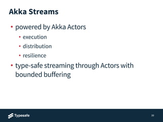 Akka Streams
• powered by Akka Actors
• execution
• distribution
• resilience
• type-safe streaming through Actors with
bounded buffering
39
 