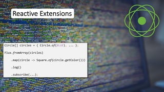 Reactive Extensions
Circle[] circles = { Circle.of(BLUE), ... };
Flux.fromArray(circles)
.map(circle -> Square.of(circle.getColor()))
.subscribe(...);
.log()
 