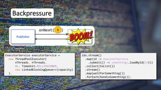 5
Backpressure
Publisher Subscriber
onNext( )
ExecutorService executorService =
new ThreadPoolExecutor(
nThreads, nThreads,
0L, TimeUnit.MILLISECONDS,
new LinkedBlockingQueue<>(capacity)
);
ids.stream()
.map(id -> executorService
.submit(() -> somethings.loadById(id)))
.collect(toList())
.stream()
.map(waitForSomething())
.forEach(handleSomething());
 