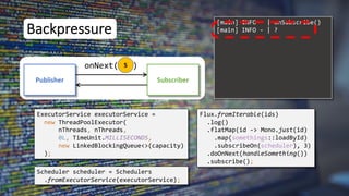 5
Backpressure
Publisher Subscriber
onNext( )
ExecutorService executorService =
new ThreadPoolExecutor(
nThreads, nThreads,
0L, TimeUnit.MILLISECONDS,
new LinkedBlockingQueue<>(capacity)
);
Flux.fromIterable(ids)
.log()
.flatMap(id -> Mono.just(id)
.map(somethings::loadById)
.subscribeOn(scheduler), 3)
.doOnNext(handleSomething())
.subscribe();
Scheduler scheduler = Schedulers
.fromExecutorService(executorService);
[main] INFO - | onSubscribe()
[main] INFO - | ?
 