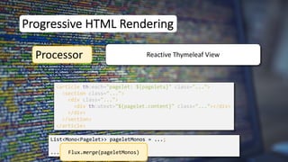 <article th:each="pagelet: ${pagelets}" class="...">
<section class="...">
<div class="...">
<div th:utext="${pagelet.content}" class="..."></div>
</div>
</section>
</article>
Progressive HTML Rendering
Processor Reactive Thymeleaf View
List<Mono<Pagelet>> pageletMonos = ...;
... = Flux.merge(pageletMonos);Flux.merge(pageletMonos)
 