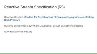 Reactive Stream Specification (RS)
Reactive Streams standard for Asynchronous Stream processing with Non-blocking
Back Pressure
Runtime environments (JVM and JavaScript) as well as network protocols
www.reactive-streams.org
 