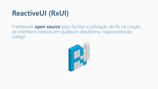 ReactiveUI (RxUI)
Framework open source para facilitar a utilização de Rx na criação
de interfaces reativas em qualquer plataforma, reaproveitando
código
 