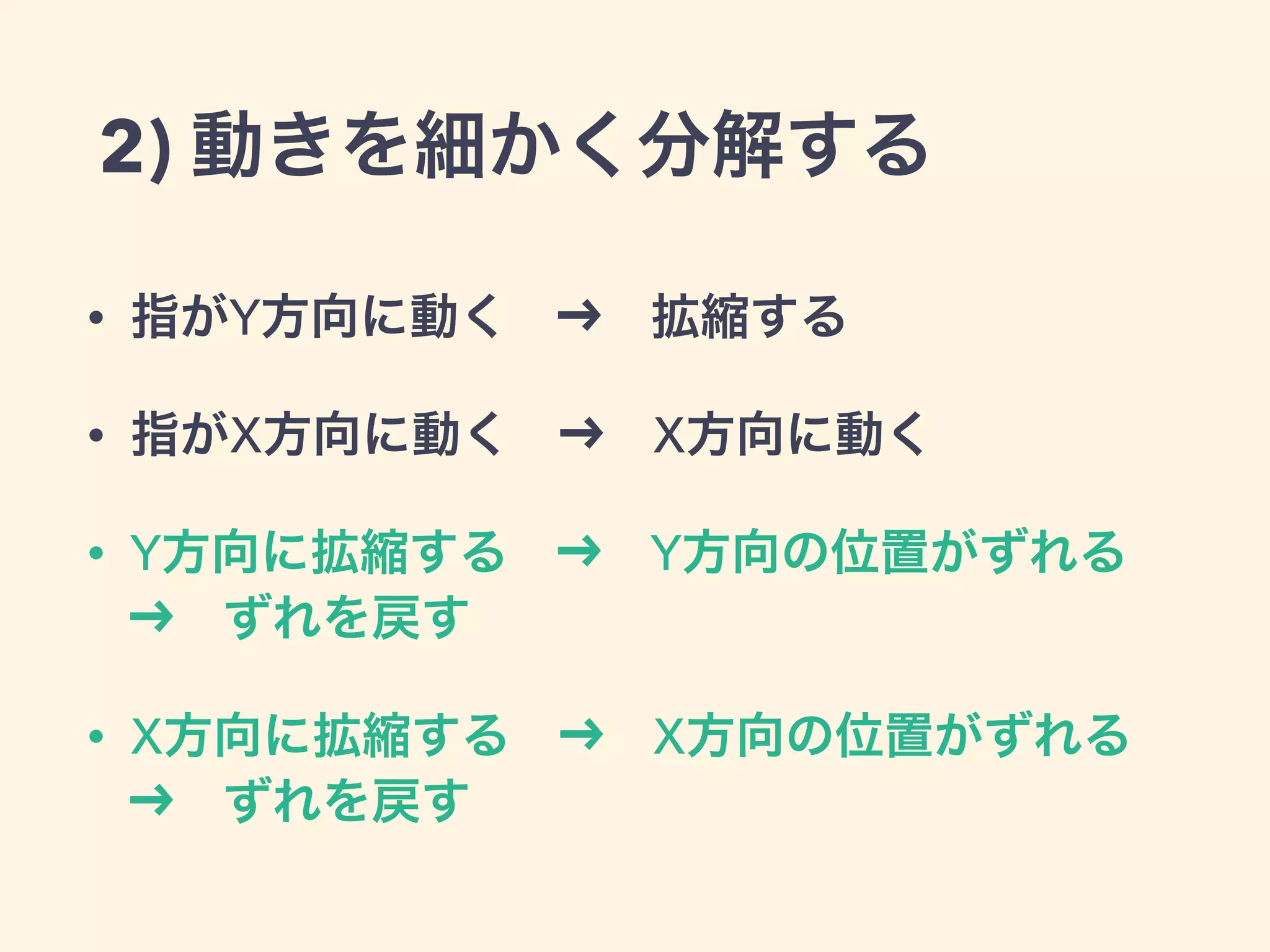 2) 動きを細かく分解する
• 指がY方向に動く   拡縮する
• 指がX方向に動く   X方向に動く
• Y方向に拡縮する   Y方向の位置がずれる   
 ずれを戻す
• X方向に拡縮する   X方向の位置がずれる 
 ずれを戻す
 