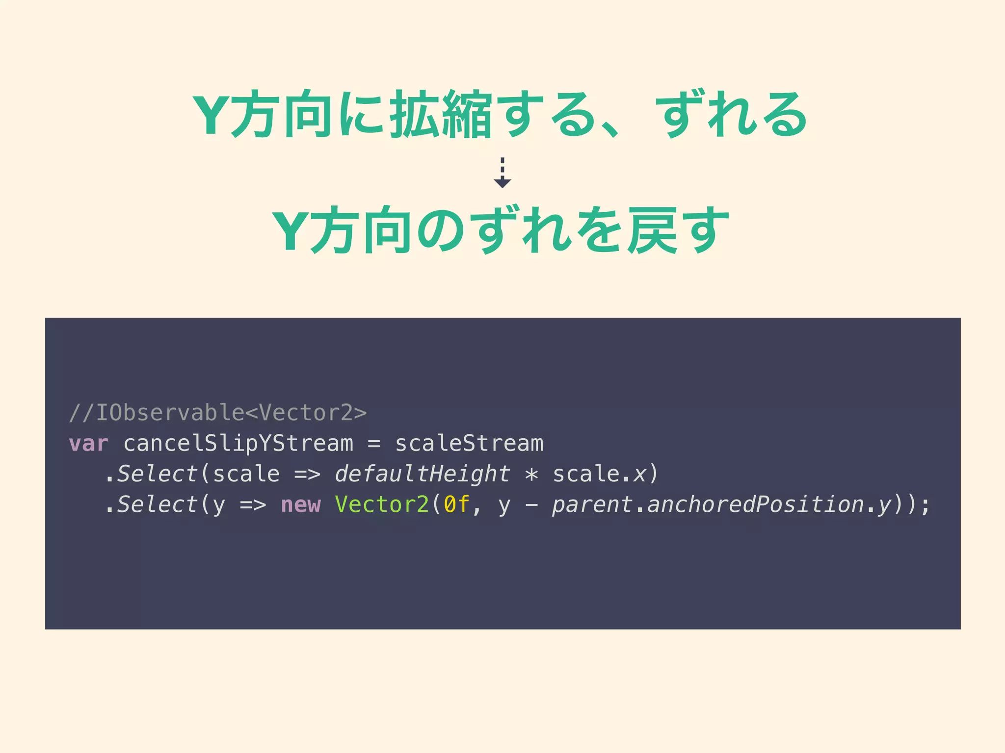 Y方向に拡縮する、ずれる
⇣
Y方向のずれを戻す
//IObservable<Vector2> 
var cancelSlipYStream = scaleStream
.Select(scale => defaultHeight * scale.x)
.Select(y => new Vector2(0f, y - parent.anchoredPosition.y)); 
 