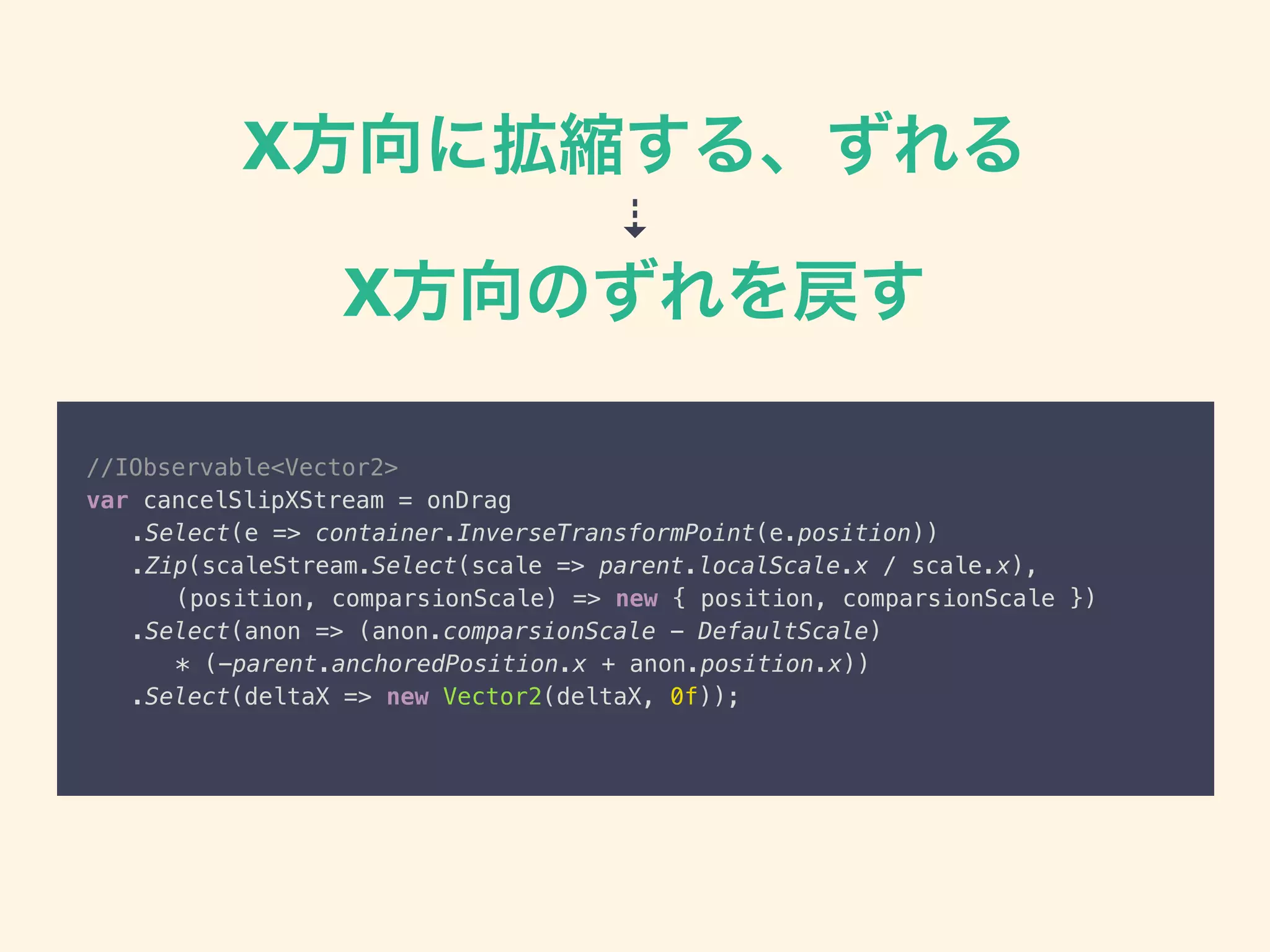 X方向に拡縮する、ずれる
⇣
X方向のずれを戻す
//IObservable<Vector2>
var cancelSlipXStream = onDrag
.Select(e => container.InverseTransformPoint(e.position))
.Zip(scaleStream.Select(scale => parent.localScale.x / scale.x),
(position, comparsionScale) => new { position, comparsionScale })
.Select(anon => (anon.comparsionScale - DefaultScale)
* (-parent.anchoredPosition.x + anon.position.x))
.Select(deltaX => new Vector2(deltaX, 0f)); 
 